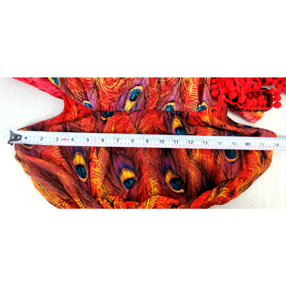 Rose by Paruay Boho Maxi Dress Red Peacock Feather Print Off Shoulder Tassel M/L - Picture 8 of 11